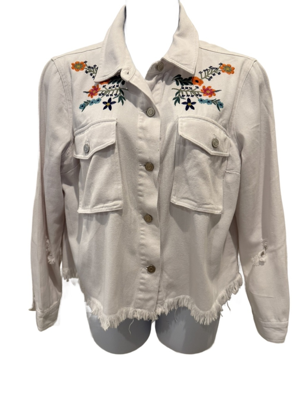 Embroidered White Distressed Jacket by Bunulo. Size XL